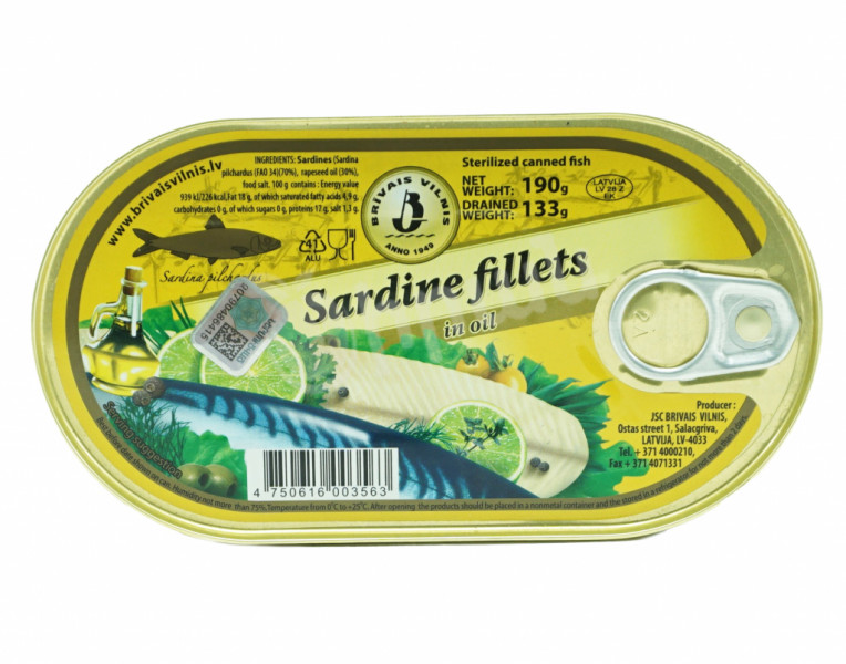 Sardine fillets in oil Brivais Vilnis