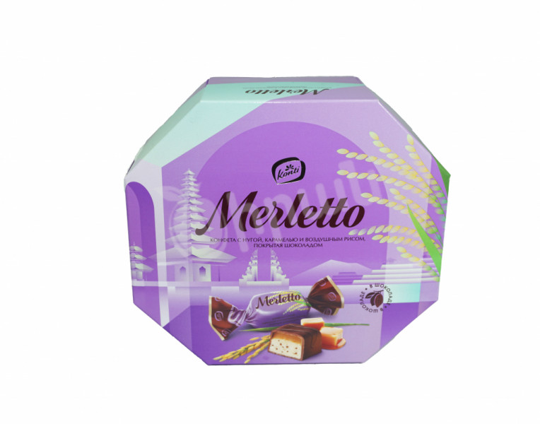 Конфета с нугой, карамелью и воздушным рисом  в шоколаде Merletto
