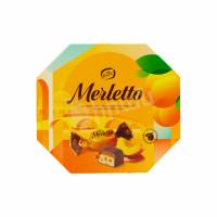 Candy with nougat, dried apricots and caramel covered with chocolate Merletto