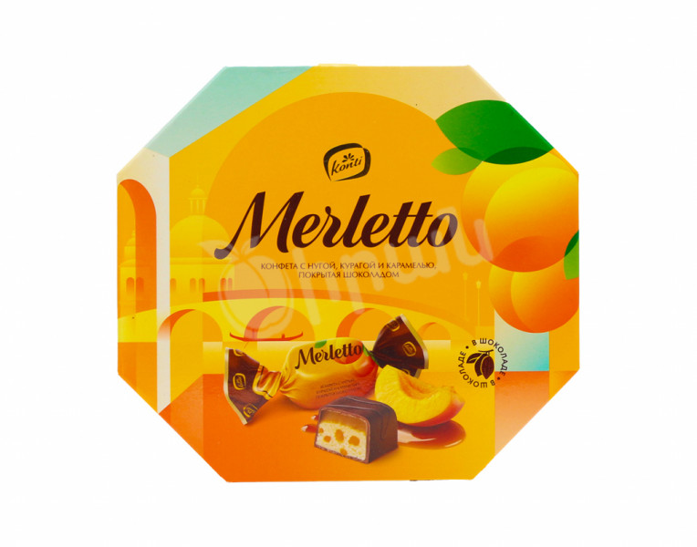 Candy with nougat, dried apricots and caramel covered with chocolate Merletto