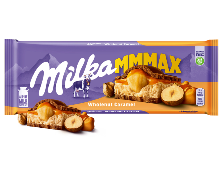 Chocolate bar with caramel filling and whole hazelnut Milka