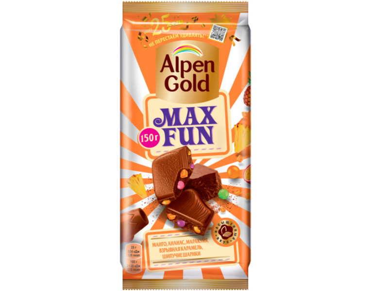 Milk chocolate bar with mango, pineapple, passion fruit flavor Alpen Gold