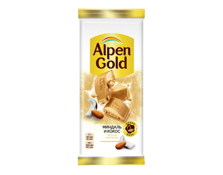 Шоколадная плитка белый с миндалем и кокосом Alpen Gold